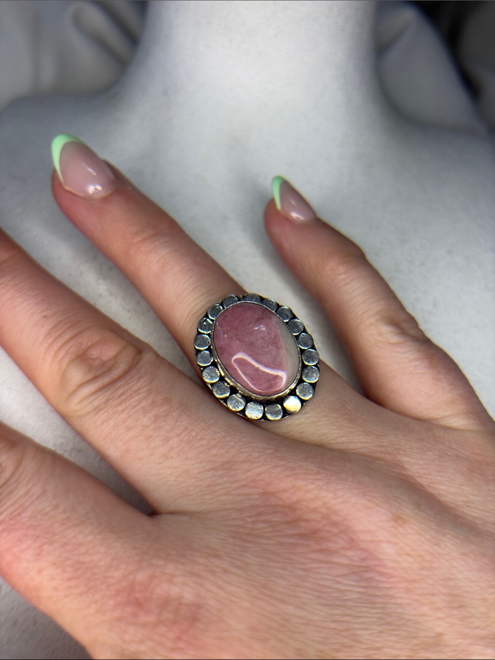 Silver Pink Opal Stone Oval Ring